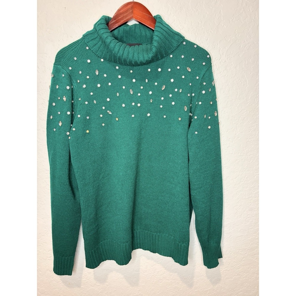 Susan Graver Occasions Embellished Cowl Neck Sweater Emerald Large